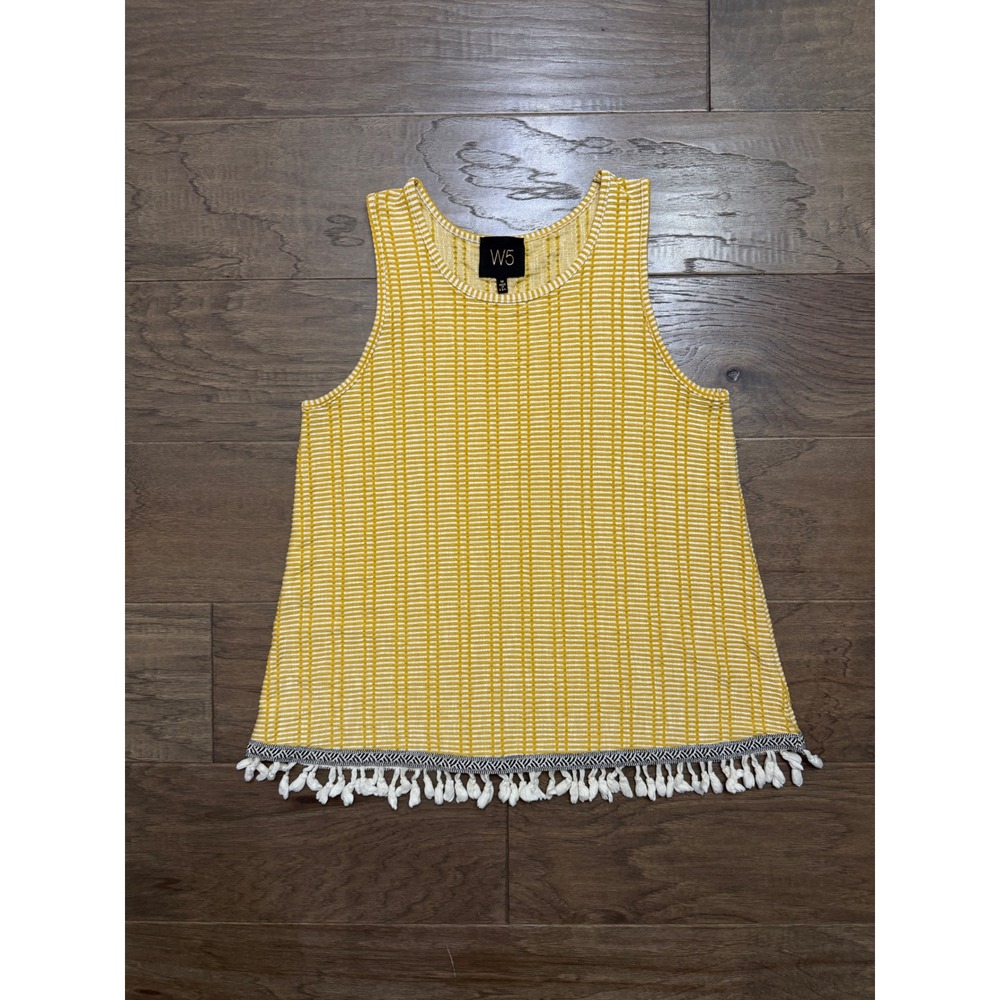 W5 Yellow Textured Grid Knit Tank Top Tassel Fringe Hem Womens Size Medium USA